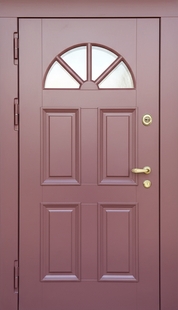 Уличная термодверь с полукруглым стеклом, багетом и панелями МДФ RAL 3014