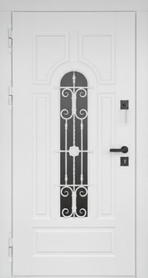 Металлическая непромерзающая термодверь с белой ковкой, стеклом и окрашенными панелями МДФ