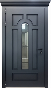 Металлофиленчатая входная термодверь с карнизом, ковкой, остеклением и порошковой покраской антрацит